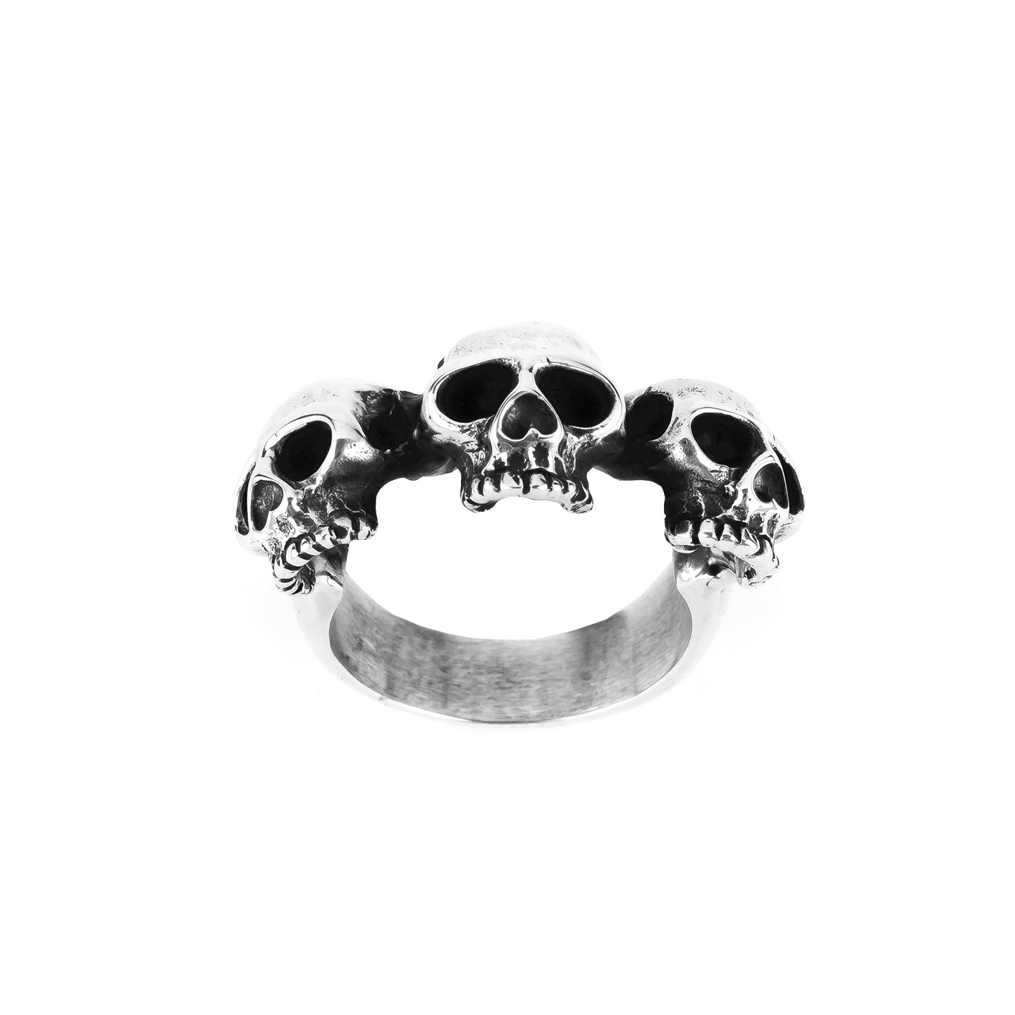 925 silver handmade band ring with 3 skulls front view