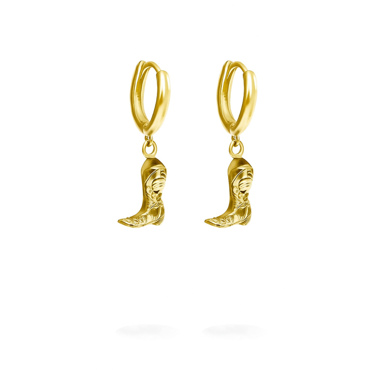 Gold cowboy boot earrings on a white background