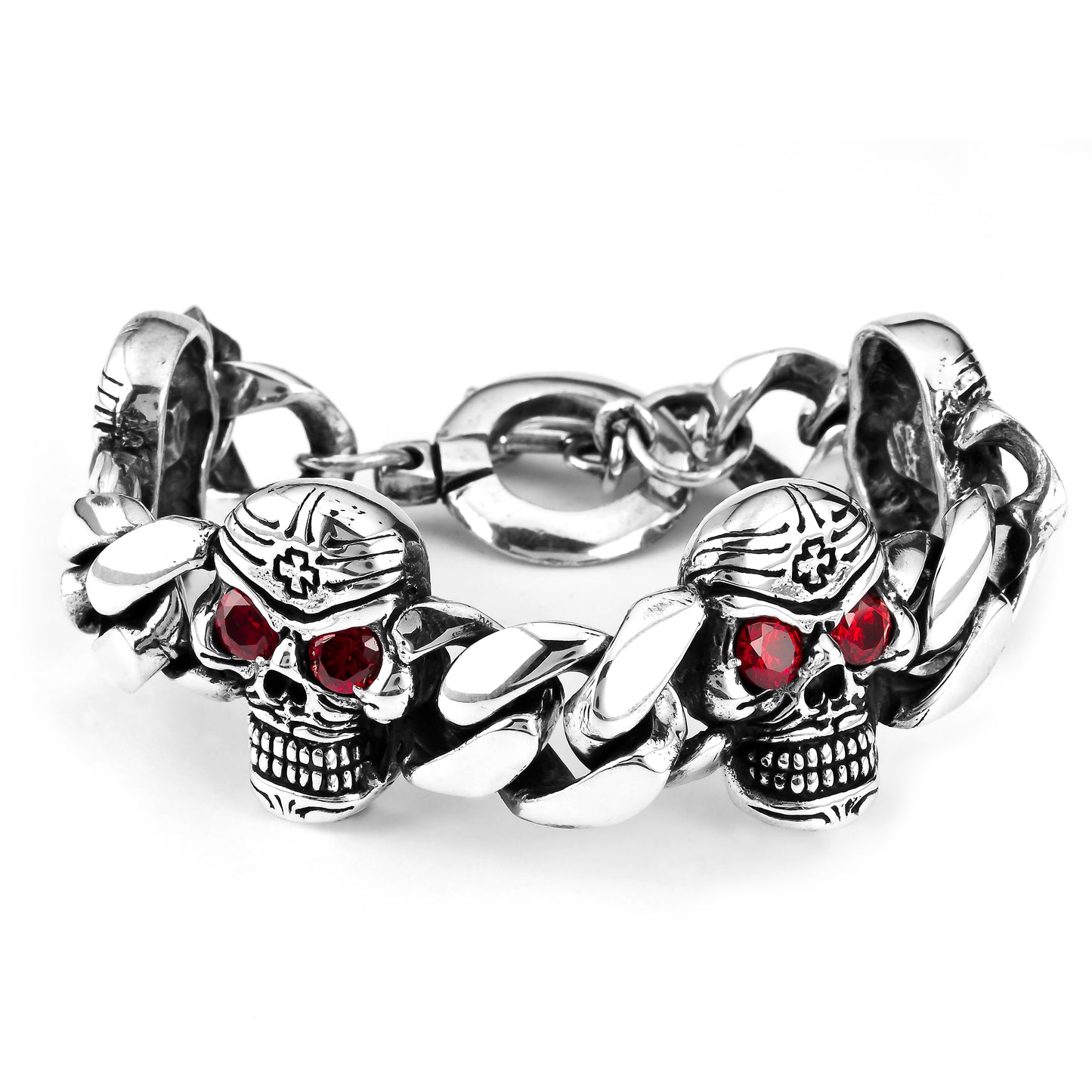 A front angle handmade 925 silver chain bracelet with 4 engraved Mexican silver skulls and garnet eyes. 
